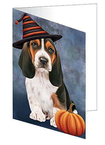 Happy Halloween Basset Hounds Dog Wearing Witch Hat with Pumpkin Handmade Artwork Assorted Pets Greeting Cards and Note Cards with Envelopes for All Occasions and Holiday Seasons
