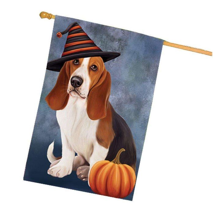 Happy Halloween Basset Hounds Dog Wearing Witch Hat with Pumpkin House Flag