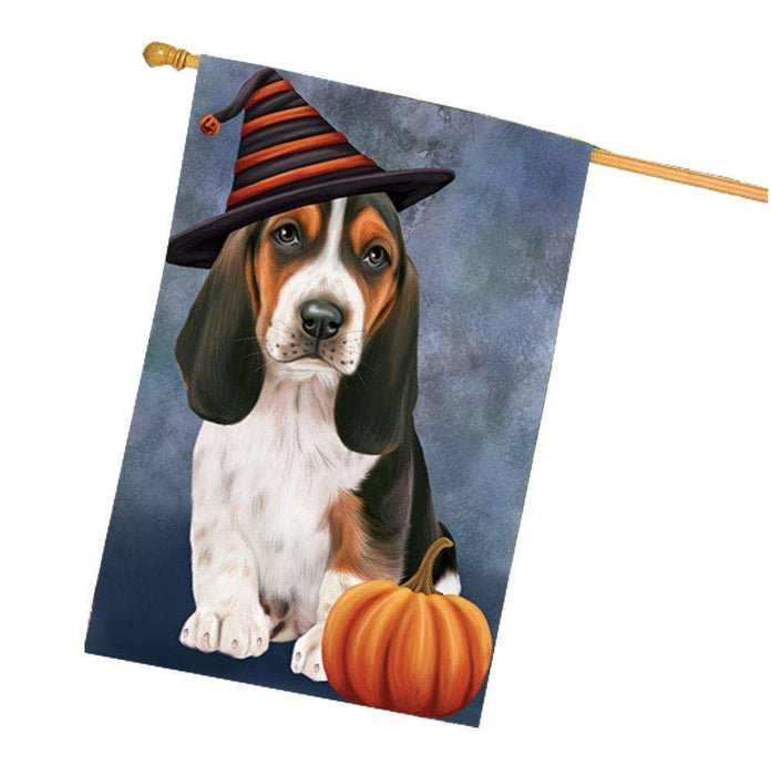 Happy Halloween Basset Hounds Dog Wearing Witch Hat with Pumpkin House Flag