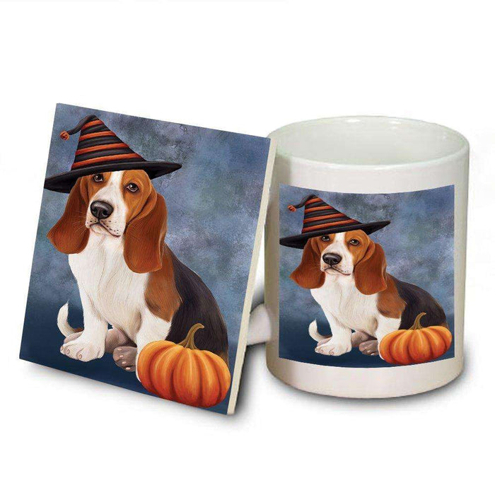 Happy Halloween Basset Hounds Dog Wearing Witch Hat with Pumpkin Mug and Coaster Set