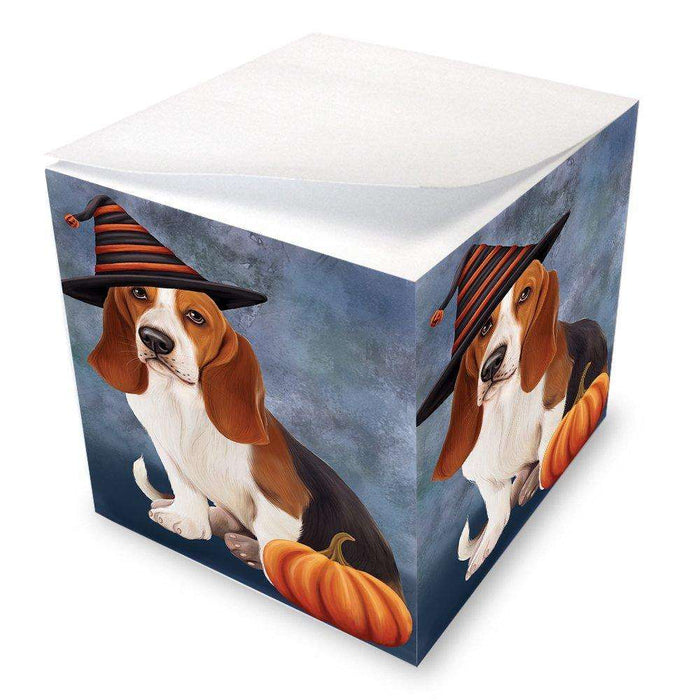 Happy Halloween Basset Hounds Dog Wearing Witch Hat with Pumpkin Note Cube