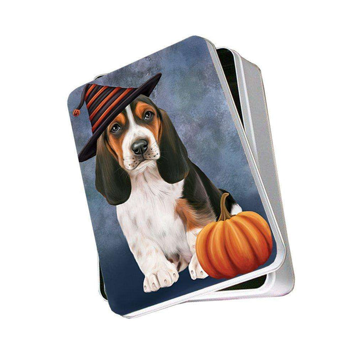 Happy Halloween Basset Hounds Dog Wearing Witch Hat with Pumpkin Photo Storage Tin