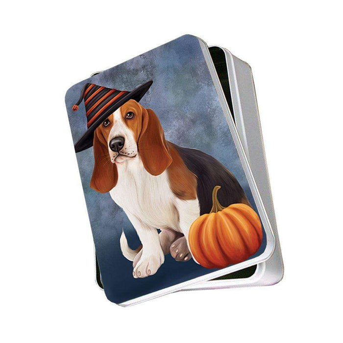 Happy Halloween Basset Hounds Dog Wearing Witch Hat with Pumpkin Photo Storage Tin