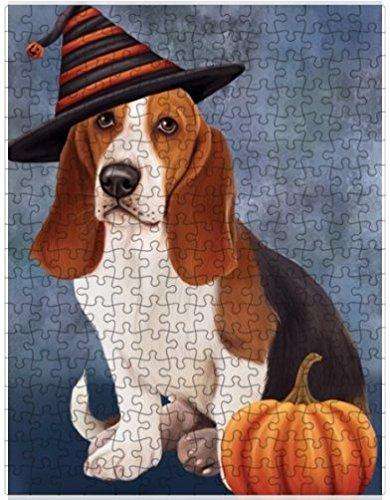 Happy Halloween Basset Hounds Dog Wearing Witch Hat with Pumpkin Puzzle with Photo Tin (300 pc.)