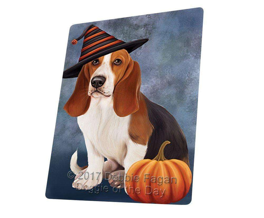 Happy Halloween Basset Hounds Dog Wearing Witch Hat with Pumpkin Tempered Cutting Board