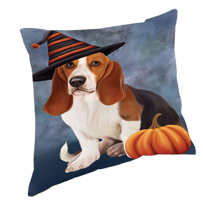 Happy Halloween Basset Hounds Dog Wearing Witch Hat with Pumpkin Throw Pillow
