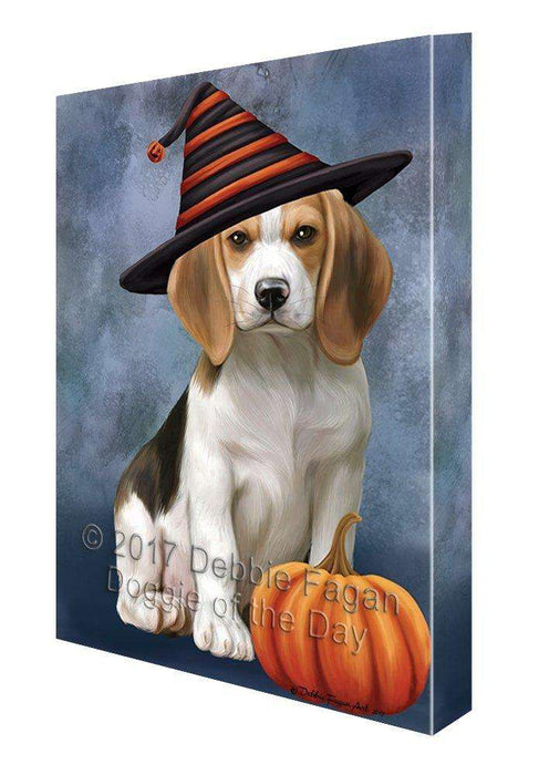 Happy Halloween Beagles Dog Wearing Witch Hat with Pumpkin Canvas Wall Art