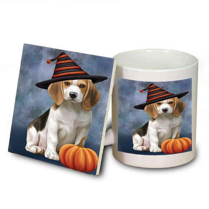 Happy Halloween Beagles Dog Wearing Witch Hat with Pumpkin Mug and Coaster Set