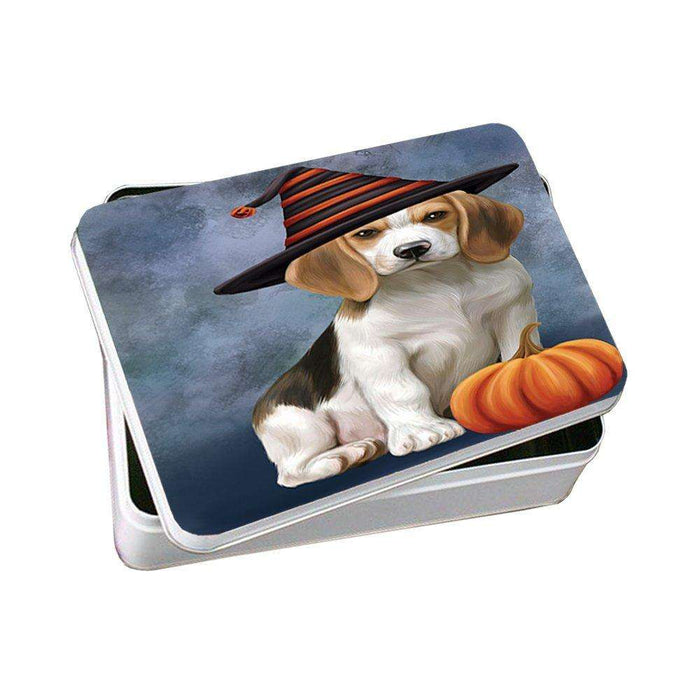 Happy Halloween Beagles Dog Wearing Witch Hat with Pumpkin Photo Storage Tin