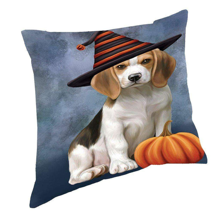 Happy Halloween Beagles Dog Wearing Witch Hat with Pumpkin Throw Pillow