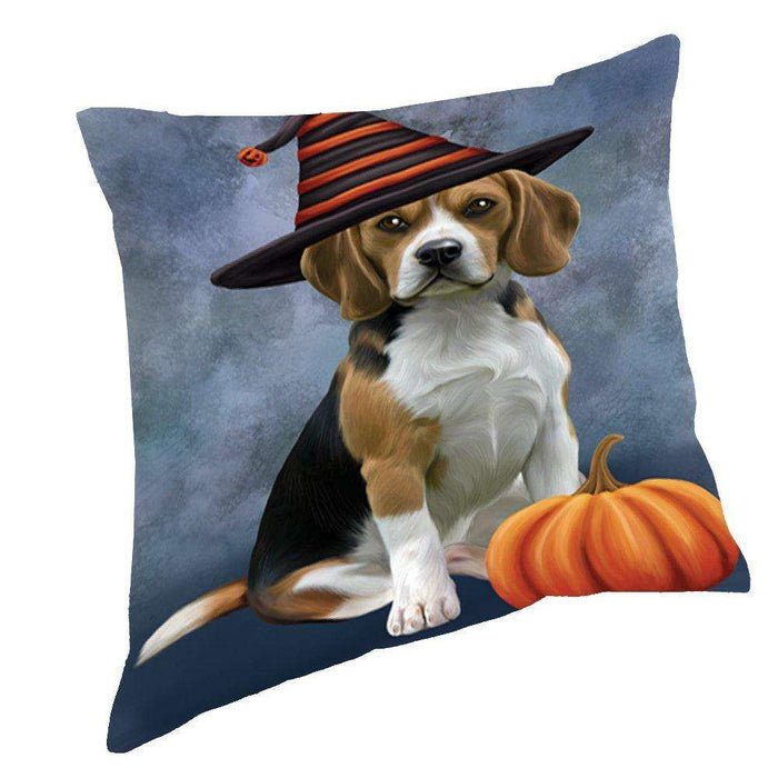 Happy Halloween Beagles Dog Wearing Witch Hat with Pumpkin Throw Pillow