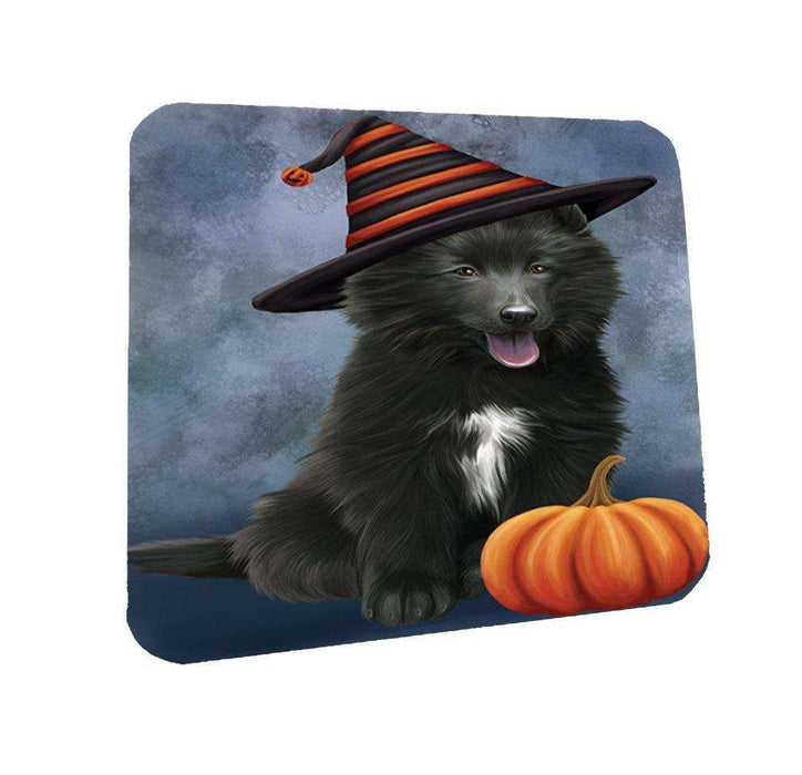 Happy Halloween Belgian Shepherds Dog Wearing Witch Hat with Pumpkin Coasters Set of 4