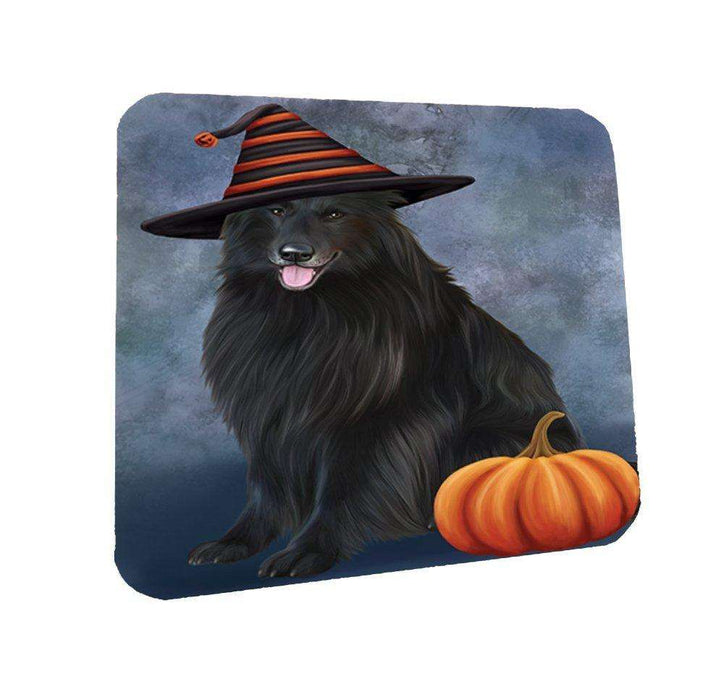 Happy Halloween Belgian Shepherds Dog Wearing Witch Hat with Pumpkin Coasters Set of 4