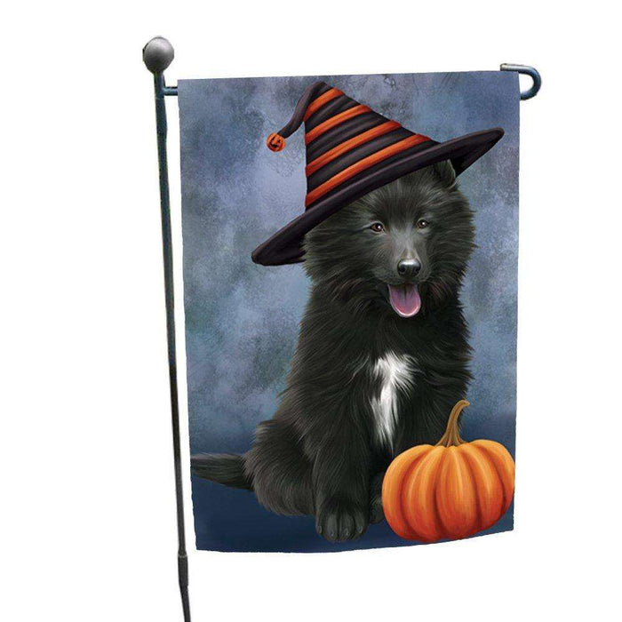 Happy Halloween Belgian Shepherds Dog Wearing Witch Hat with Pumpkin Garden Flag