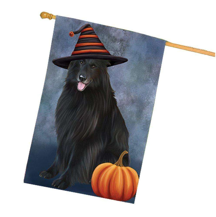 Happy Halloween Belgian Shepherds Dog Wearing Witch Hat with Pumpkin House Flag