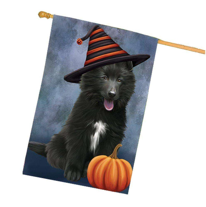 Happy Halloween Belgian Shepherds Dog Wearing Witch Hat with Pumpkin House Flag