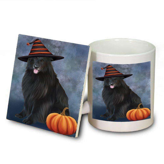 Happy Halloween Belgian Shepherds Dog Wearing Witch Hat with Pumpkin Mug and Coaster Set