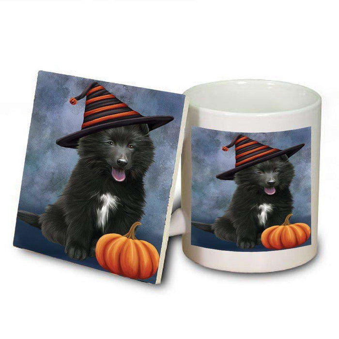 Happy Halloween Belgian Shepherds Dog Wearing Witch Hat with Pumpkin Mug and Coaster Set