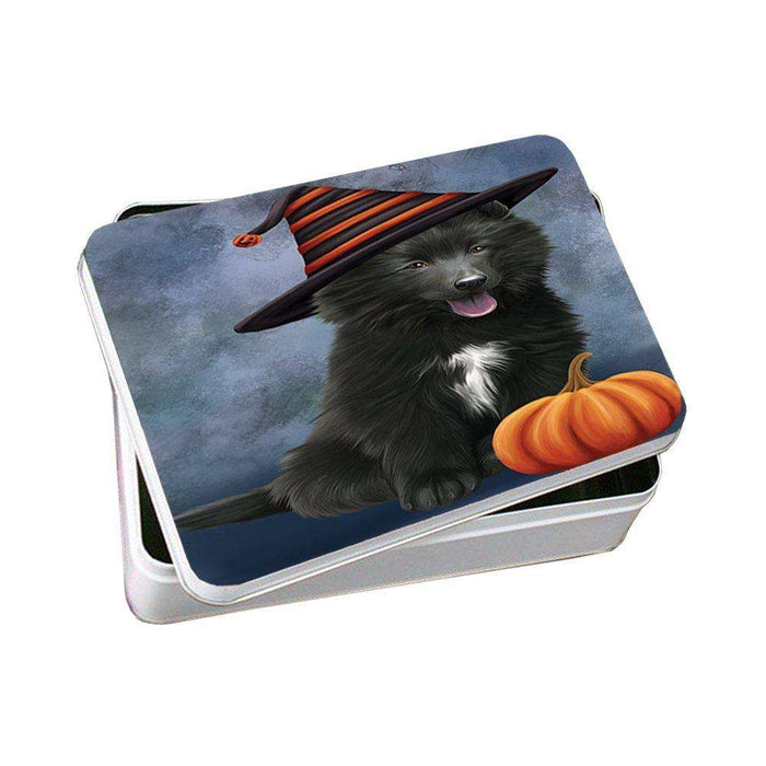 Happy Halloween Belgian Shepherds Dog Wearing Witch Hat with Pumpkin Photo Storage Tin