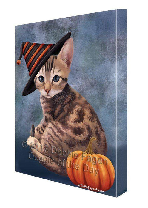 Happy Halloween Bengal Cat Wearing Witch Hat with Pumpkin Canvas Wall Art
