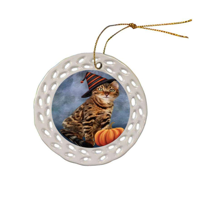 Happy Halloween Bengal Cat Wearing Witch Hat with Pumpkin Ceramic Doily Ornament DPOR54842