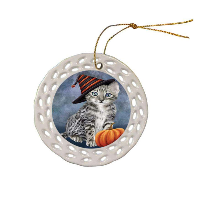 Happy Halloween Bengal Cat Wearing Witch Hat with Pumpkin Ceramic Doily Ornament DPOR54843