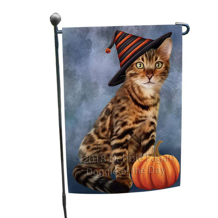 Happy Halloween Bengal Cat Wearing Witch Hat with Pumpkin Garden Flag GFLG54904