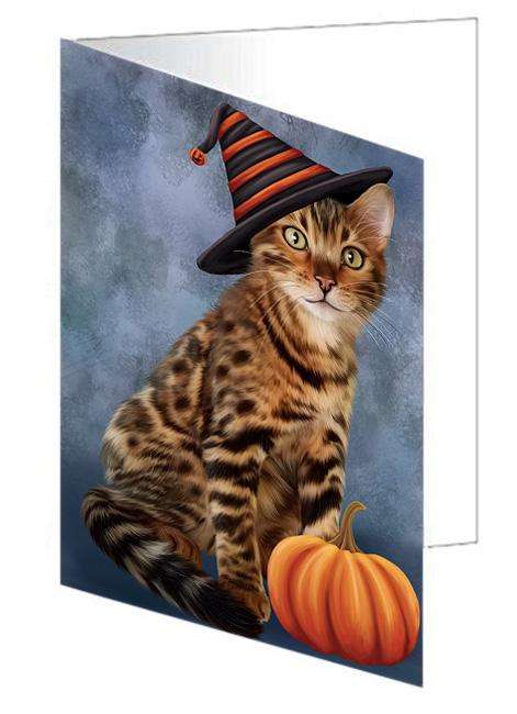 Happy Halloween Bengal Cat Wearing Witch Hat with Pumpkin Handmade Artwork Assorted Pets Greeting Cards and Note Cards with Envelopes for All Occasions and Holiday Seasons GCD68555