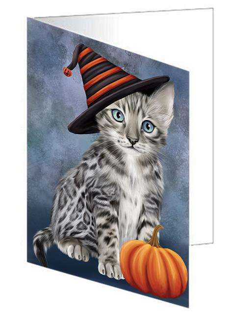 Happy Halloween Bengal Cat Wearing Witch Hat with Pumpkin Handmade Artwork Assorted Pets Greeting Cards and Note Cards with Envelopes for All Occasions and Holiday Seasons GCD68558