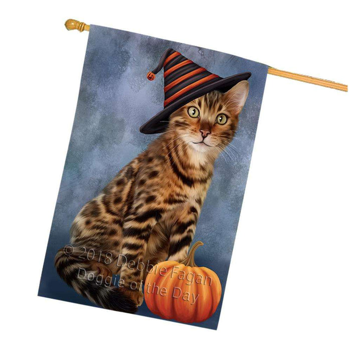 Happy Halloween Bengal Cat Wearing Witch Hat with Pumpkin House Flag FLG55040