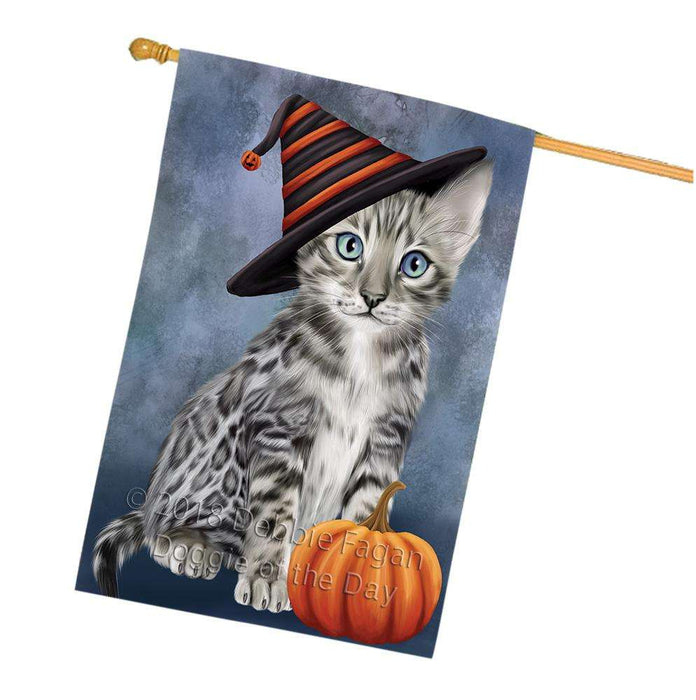 Happy Halloween Bengal Cat Wearing Witch Hat with Pumpkin House Flag FLG55041