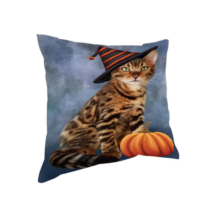 Happy Halloween Bengal Cat Wearing Witch Hat with Pumpkin Pillow PIL75992