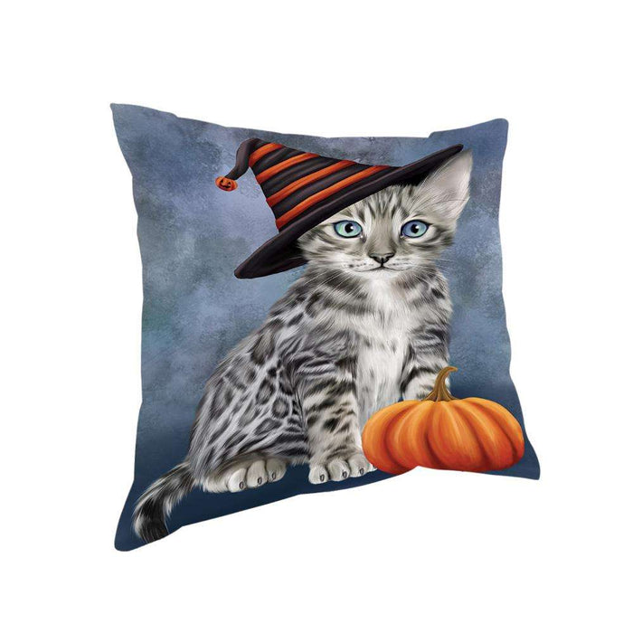 Happy Halloween Bengal Cat Wearing Witch Hat with Pumpkin Pillow PIL75996
