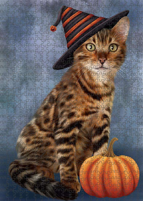 Happy Halloween Bengal Cat Wearing Witch Hat with Pumpkin Puzzle with Photo Tin PUZL86524