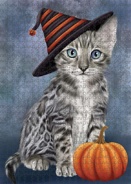 Happy Halloween Bengal Cat Wearing Witch Hat with Pumpkin Puzzle with Photo Tin PUZL86528