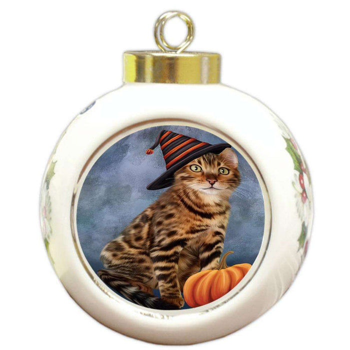 Happy Halloween Bengal Cat Wearing Witch Hat with Pumpkin Round Ball Christmas Ornament RBPOR54842