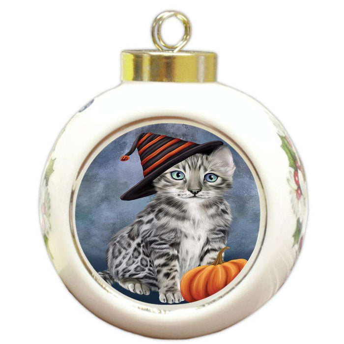 Happy Halloween Bengal Cat Wearing Witch Hat with Pumpkin Round Ball Christmas Ornament RBPOR54843