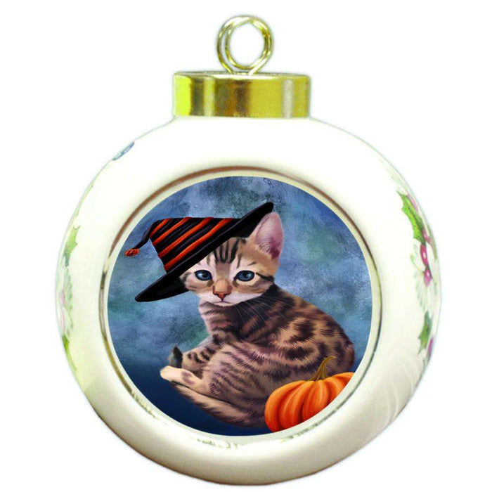 Happy Halloween Bengal Cat Wearing Witch Hat with Pumpkin Round Ball Christmas Ornament RBPOR54991