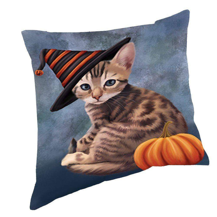 Happy Halloween Bengal Cat Wearing Witch Hat with Pumpkin Throw Pillow