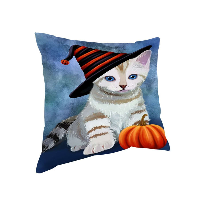 Happy Halloween Bengal Cat Wearing Witch Hat with Pumpkin Throw Pillow