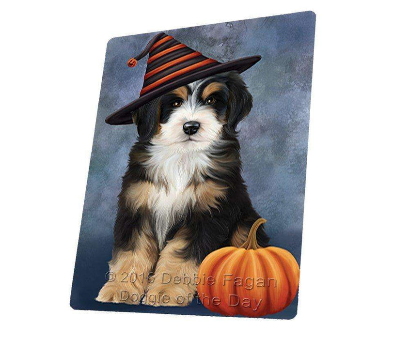 Happy Halloween Bernedoodle Dog Wearing Witch Hat with Pumpkin Art Portrait Print Woven Throw Sherpa Plush Fleece Blanket