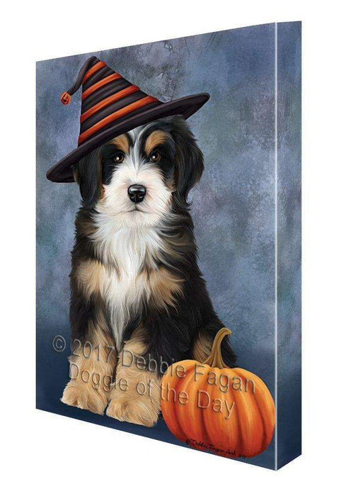 Happy Halloween Bernedoodle Dog Wearing Witch Hat with Pumpkin Canvas Wall Art