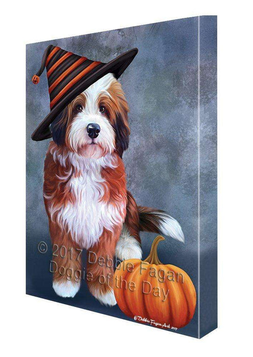 Happy Halloween Bernedoodle Dog Wearing Witch Hat with Pumpkin Canvas Wall Art