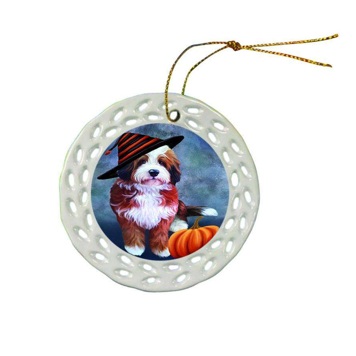 Happy Halloween Bernedoodle Dog Wearing Witch Hat with Pumpkin Ceramic Doily Ornament DPOR54992