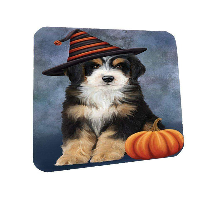 Happy Halloween Bernedoodle Dog Wearing Witch Hat with Pumpkin Coasters Set of 4
