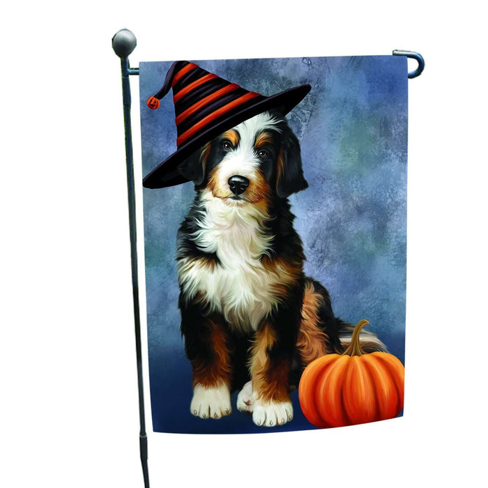 Happy Halloween Bernedoodle Dog Wearing Witch Hat with Pumpkin Garden Flag