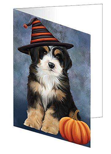 Happy Halloween Bernedoodle Dog Wearing Witch Hat with Pumpkin Handmade Artwork Assorted Pets Greeting Cards and Note Cards with Envelopes for All Occasions and Holiday Seasons