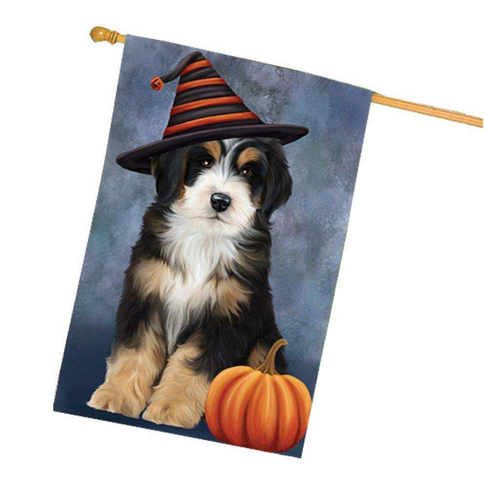 Happy Halloween Bernedoodle Dog Wearing Witch Hat with Pumpkin House Flag