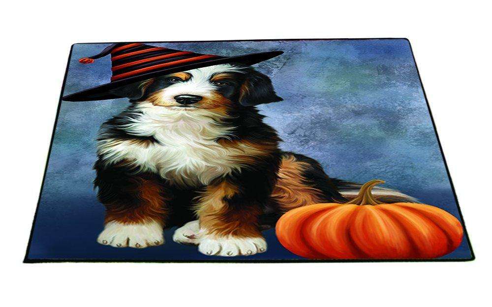 Happy Halloween Bernedoodle Dog Wearing Witch Hat with Pumpkin Indoor/Outdoor Floormat