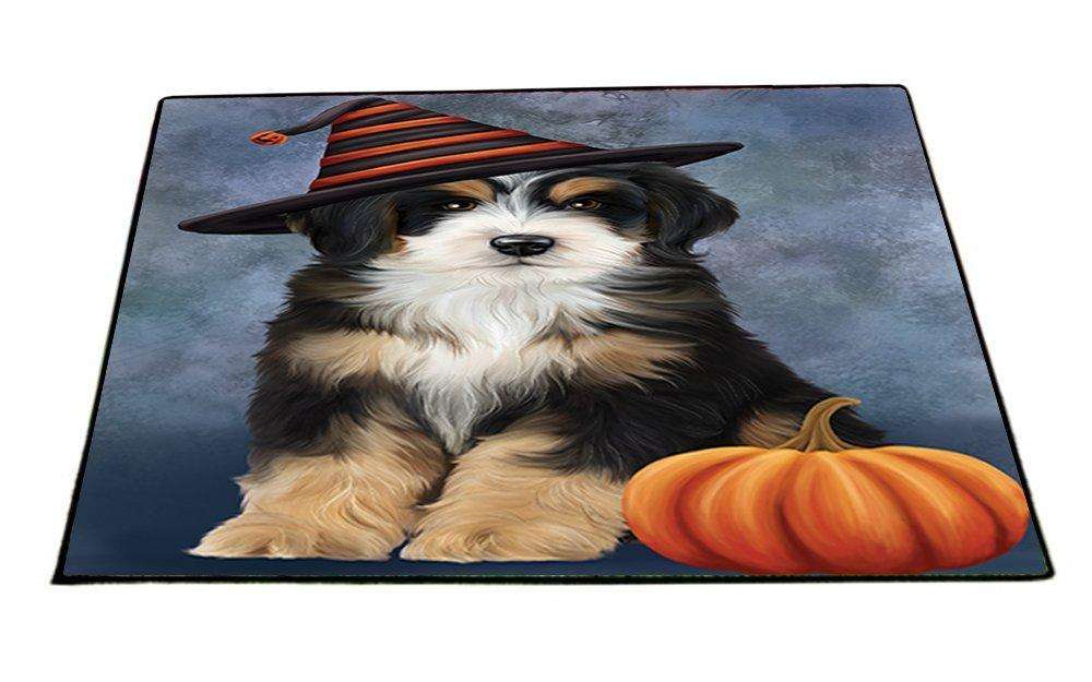 Happy Halloween Bernedoodle Dog Wearing Witch Hat with Pumpkin Indoor/Outdoor Floormat
